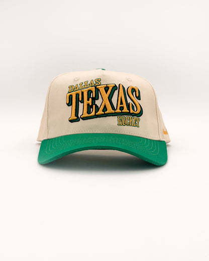 Outland Club Co. Dallas City Ice Classic Snapback Hat - cream crown with green brim and bold DALLAS TEXAS HOCKEY embroidery, Texas hockey vintage sportswear style