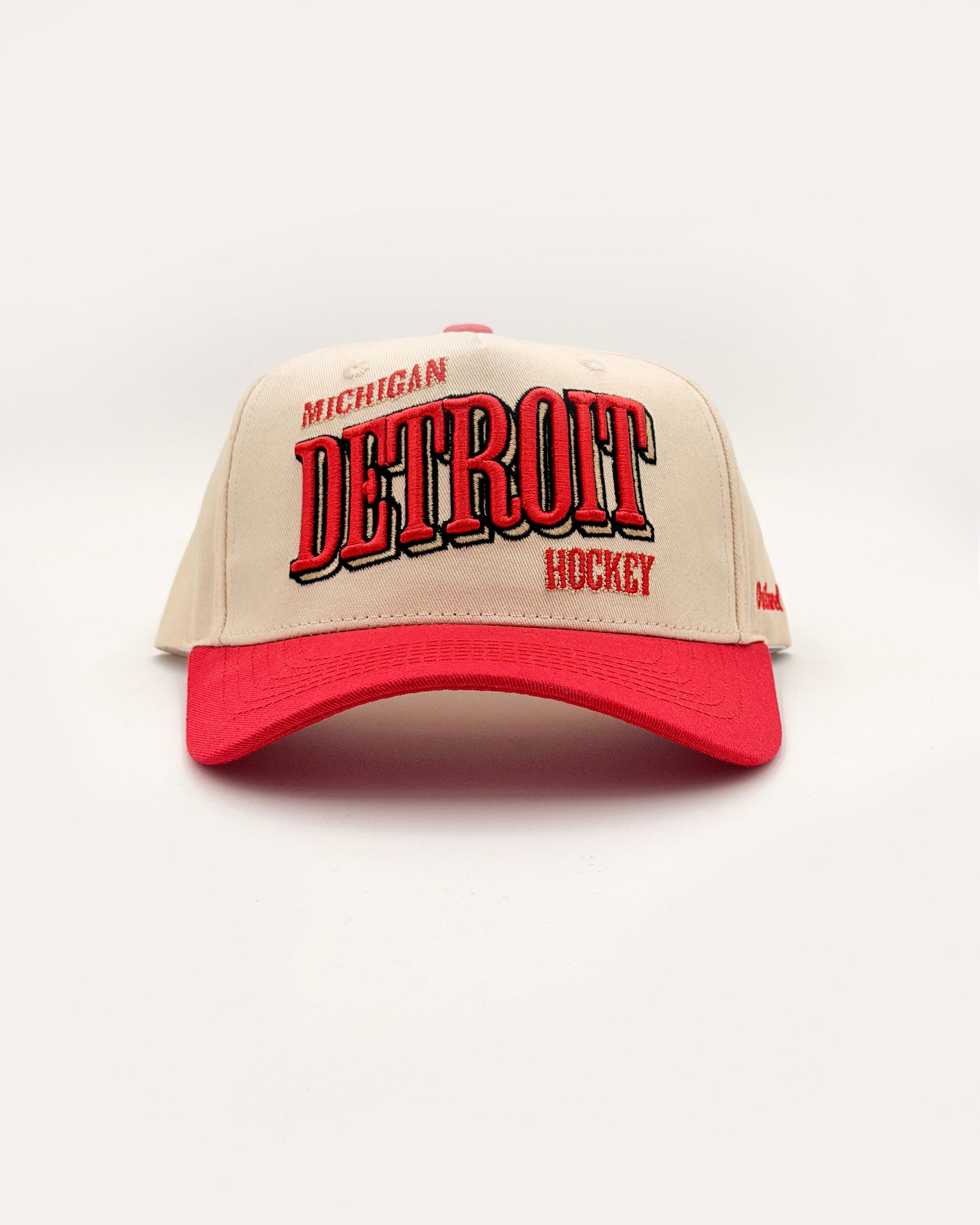 Outland Club Co. Detroit City Ice Classic Snapback Hat - cream crown with red brim and bold DETROIT HOCKEY embroidery, Michigan hockey vintage sportswear style