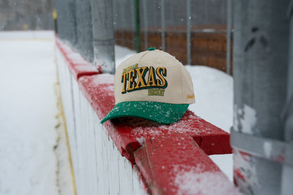 Outland Club Co. Dallas City Ice Classic Snapback Hat worn by hockey player sitting on rink boards, green brim Texas hockey cap lifestyle wide shot